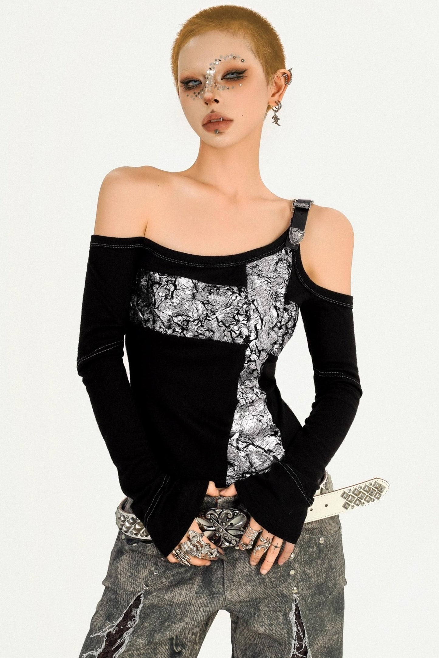 Black Flocked Sleeve Slim Top