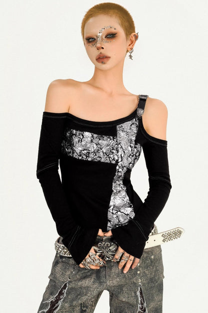 Black Flocked Sleeve Slim Top