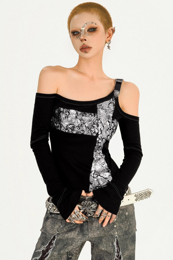 Black Flocked Sleeve Slim Top