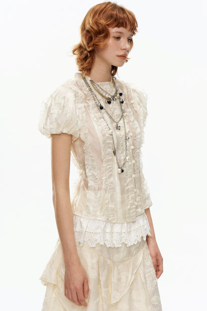 Beige Jacquard Puff Sleeve Blouse