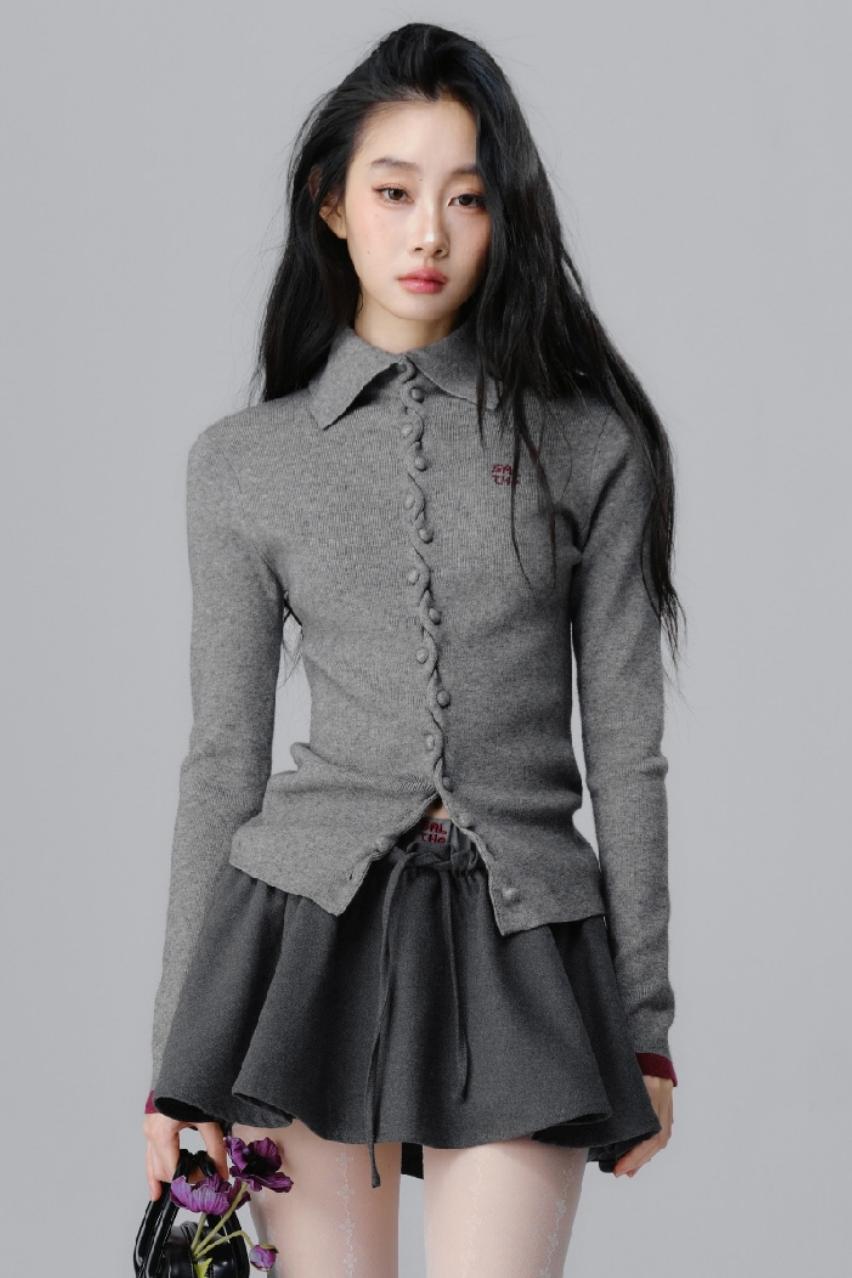 Gray Polo Neck Knitted Cardigan