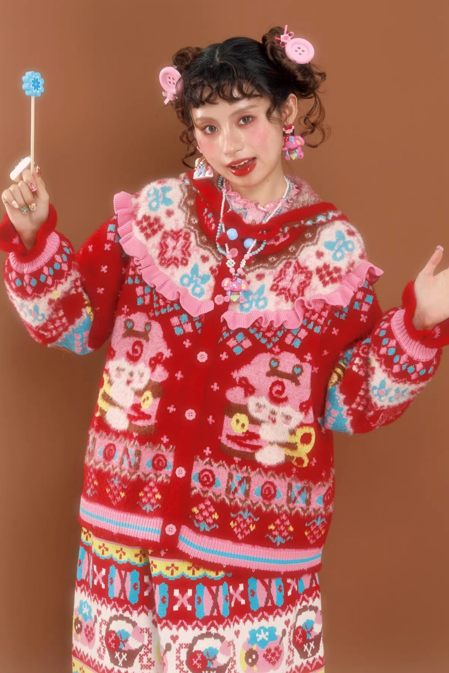 Red Fair Isle Hooded Knit Cardigan