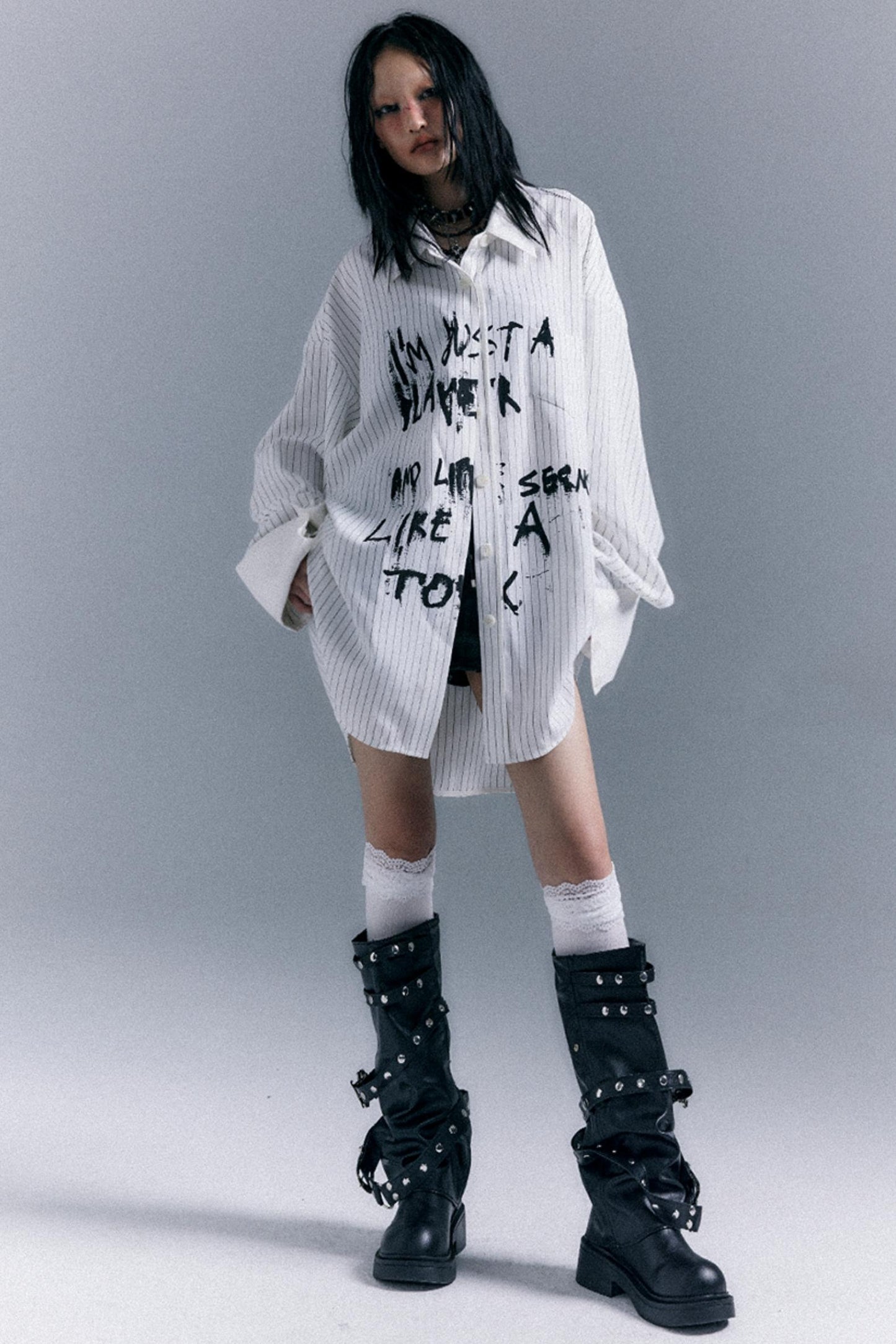 Graffiti Print Striped Long-Sleeved Shirt