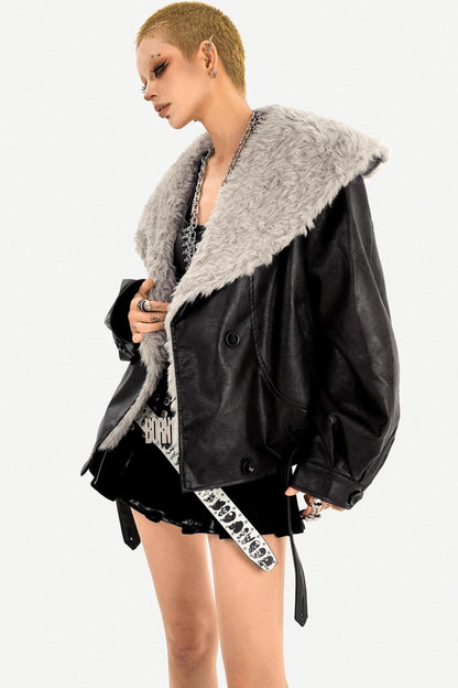 Vintage Fur Collar Leather Jacket