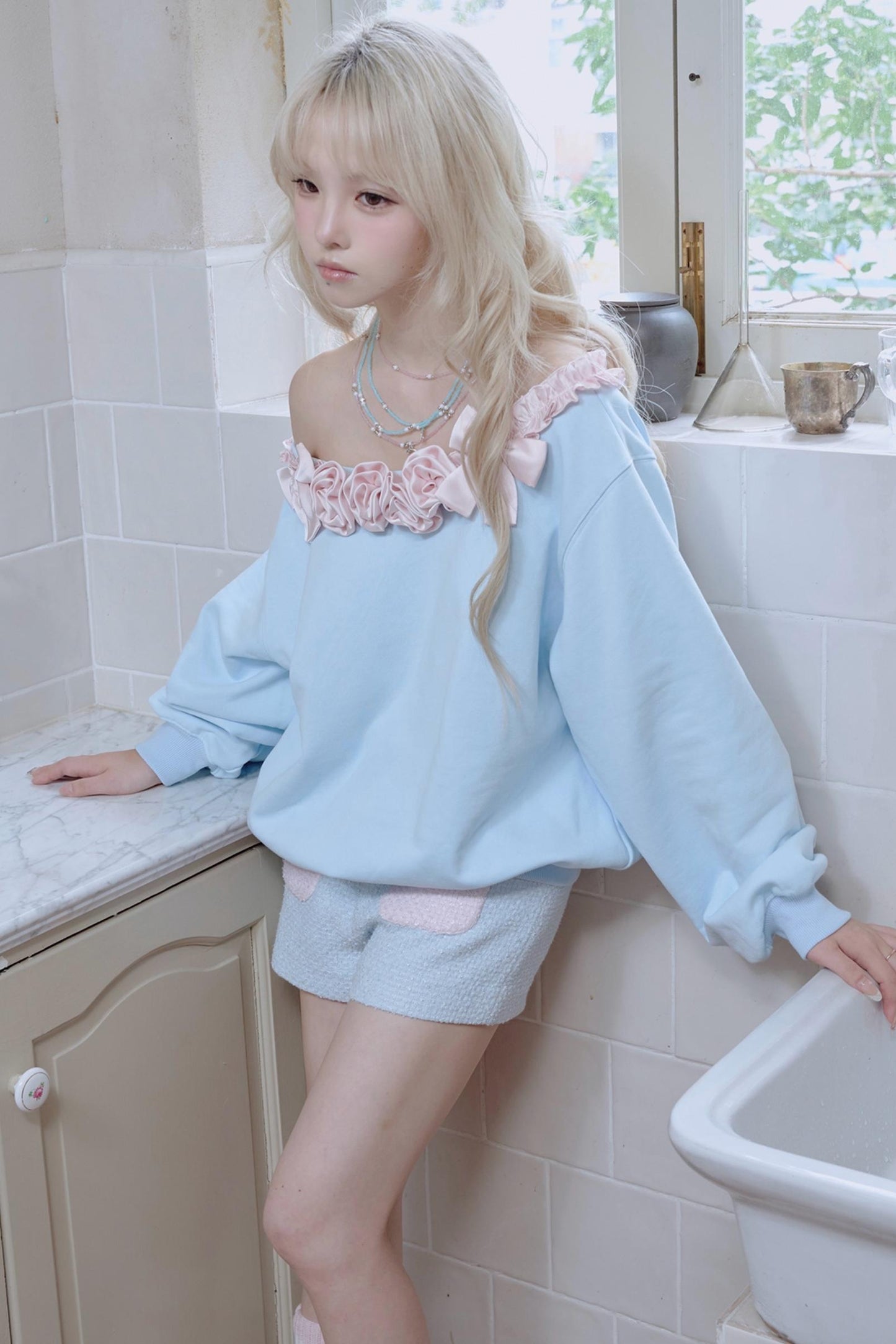 Pink Satin Rose Stitched Blue Top