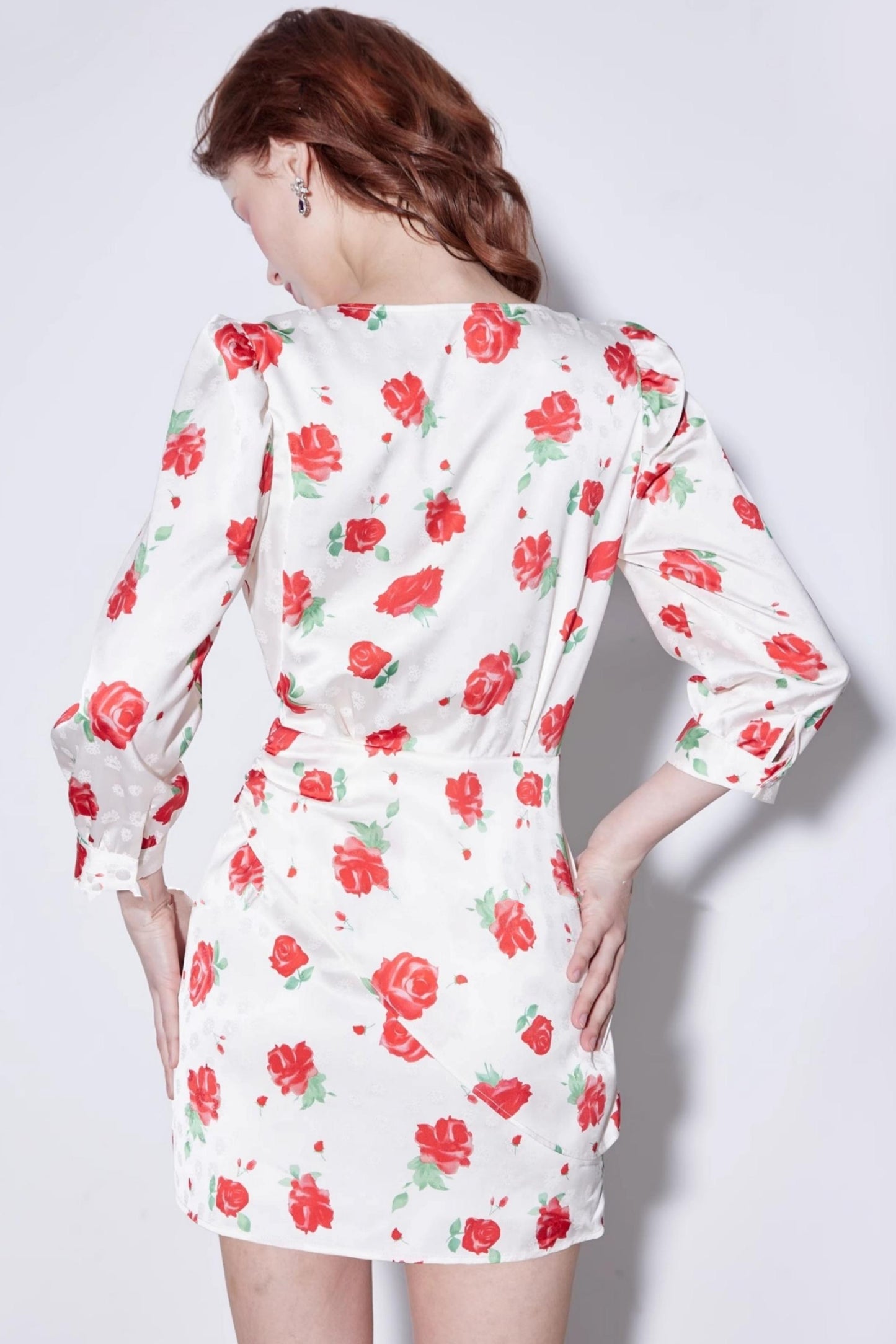 Satin Rose Jacquard V-Neck Dress