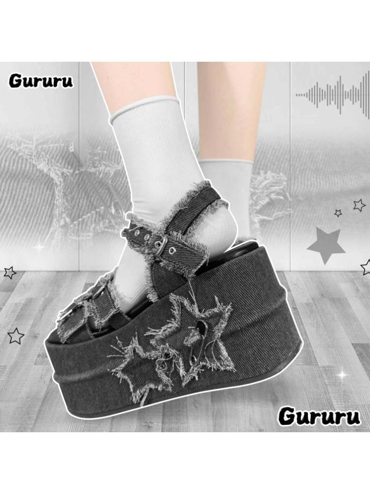 Y2K Punk Star Denim Eyelet Belt Super Thick Sole Sandals