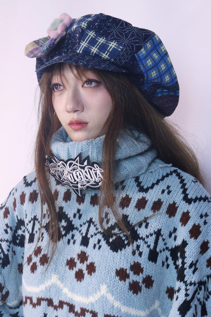 Floral Navy Patchwork Newsboy Cap