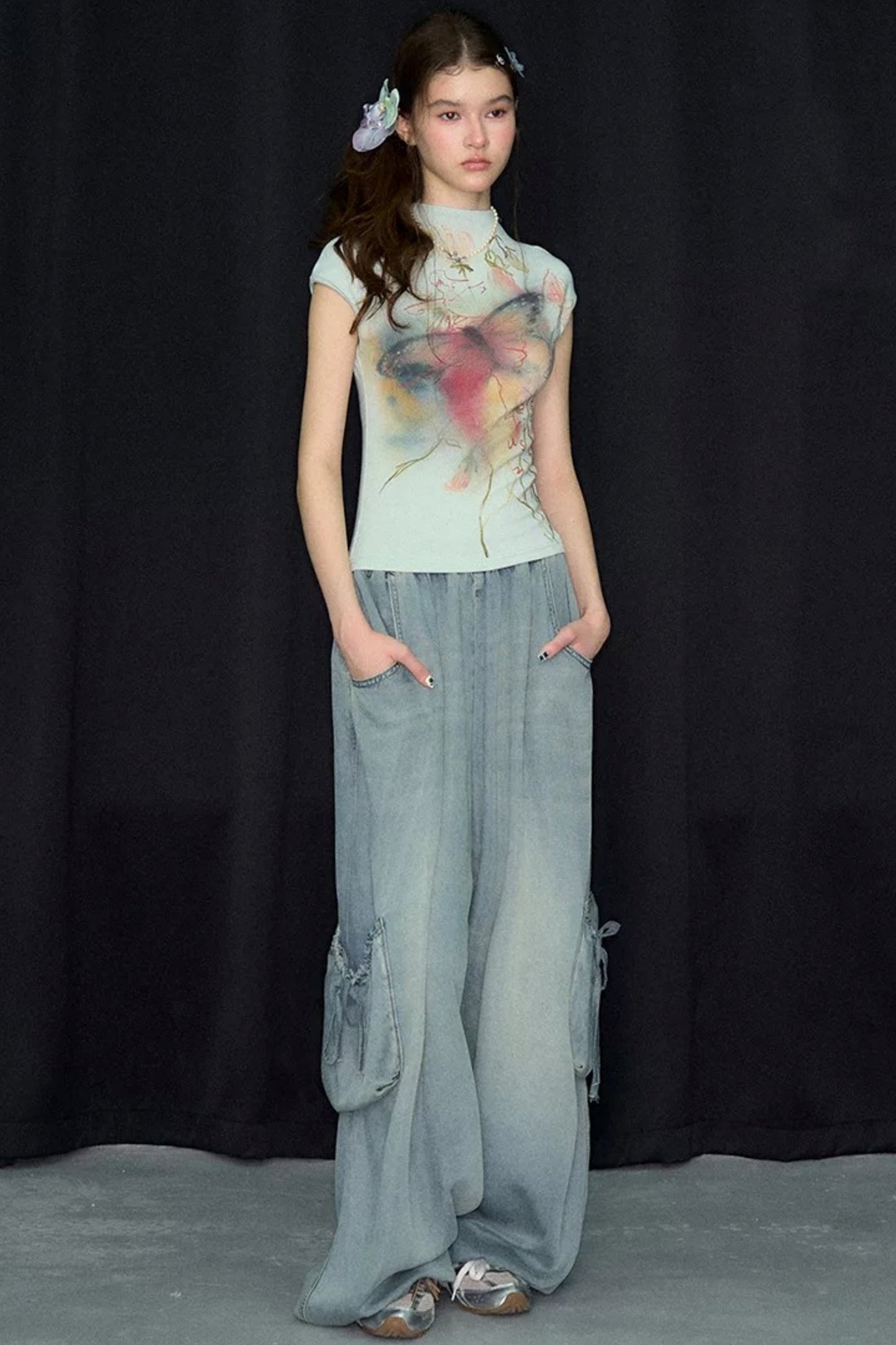 Watercolor Butterfly Print Short Sleeve Top