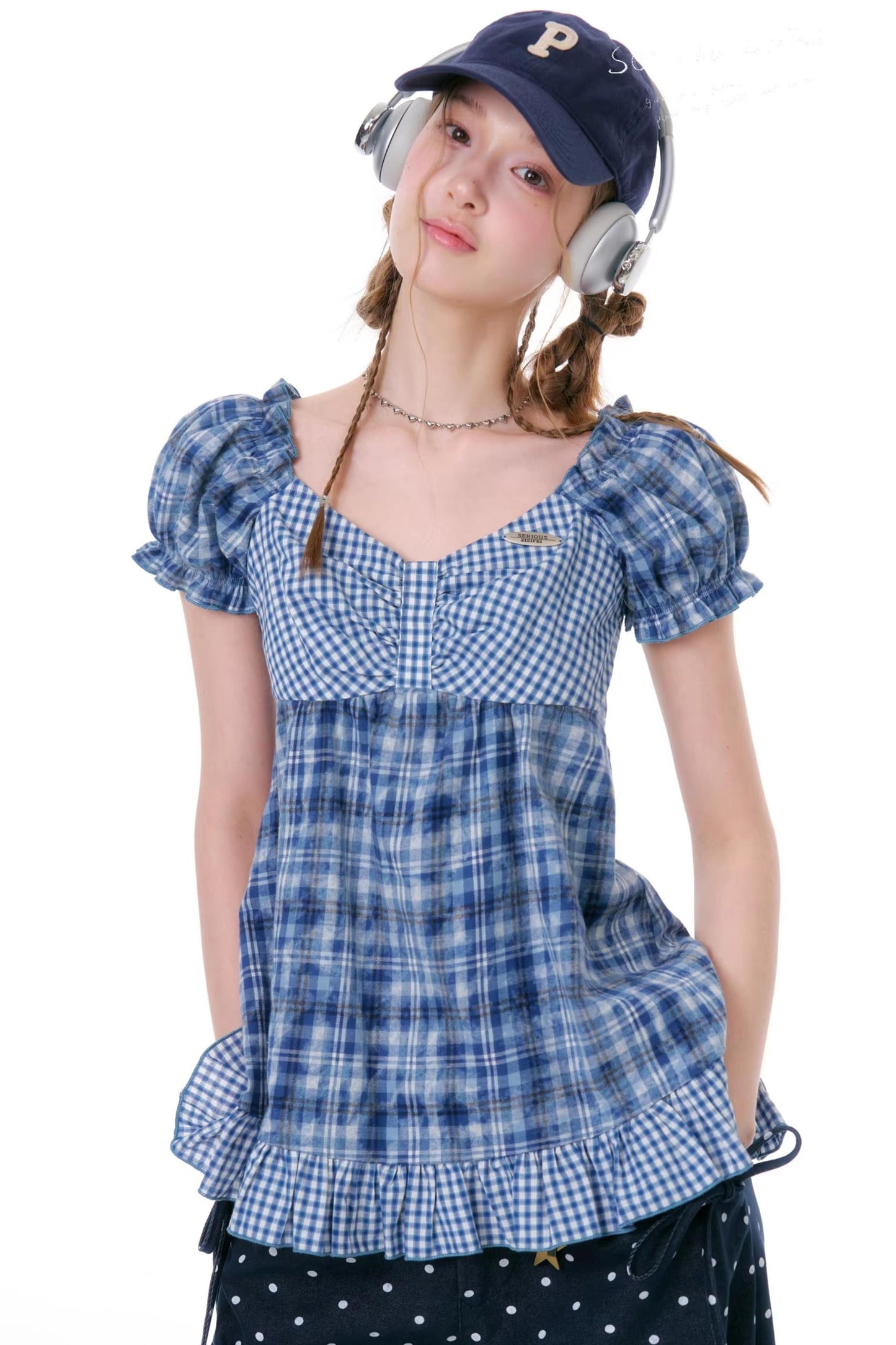 Checkered Plaid Puff Sleeve T-Shirt