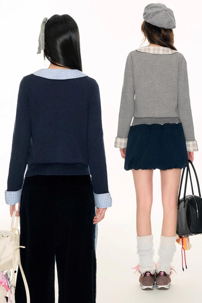 Panel Check Doll Collar Knit Sweater