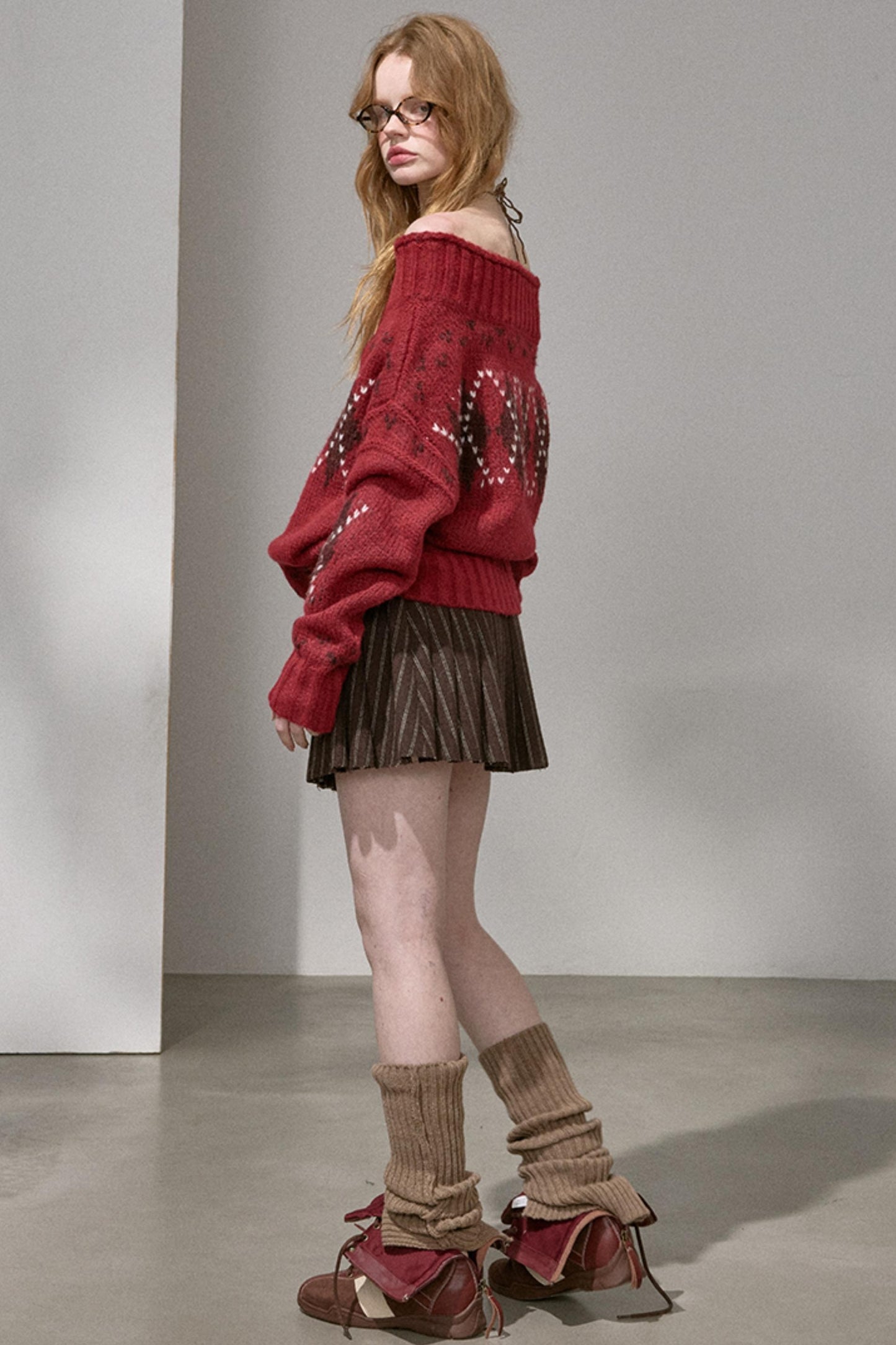 Thick Knit Argyle Off-Shoulder Top