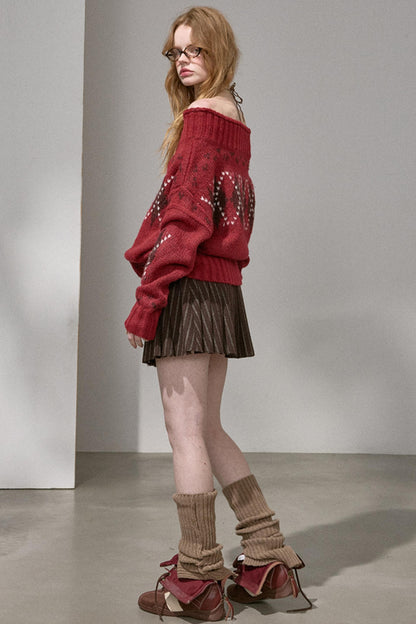 Thick Knit Argyle Off-Shoulder Top