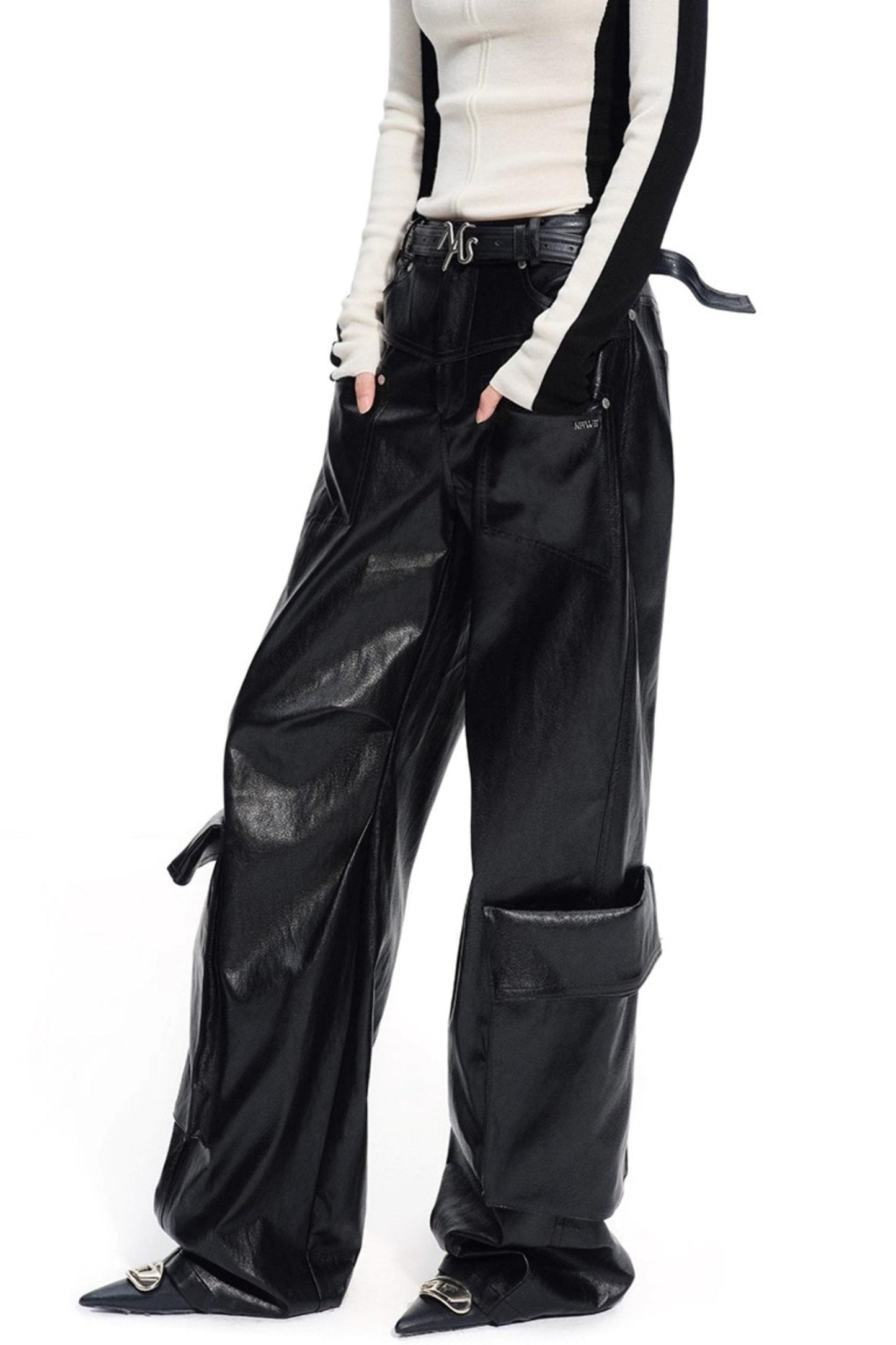 Punk Pebbled Wide-Leg Leather Pants