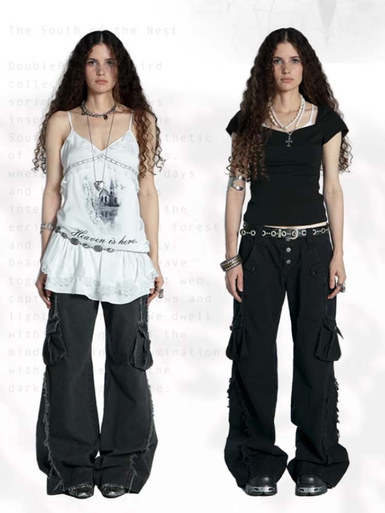 Straight Loose Washed Distressed Trumpet Mop Pants