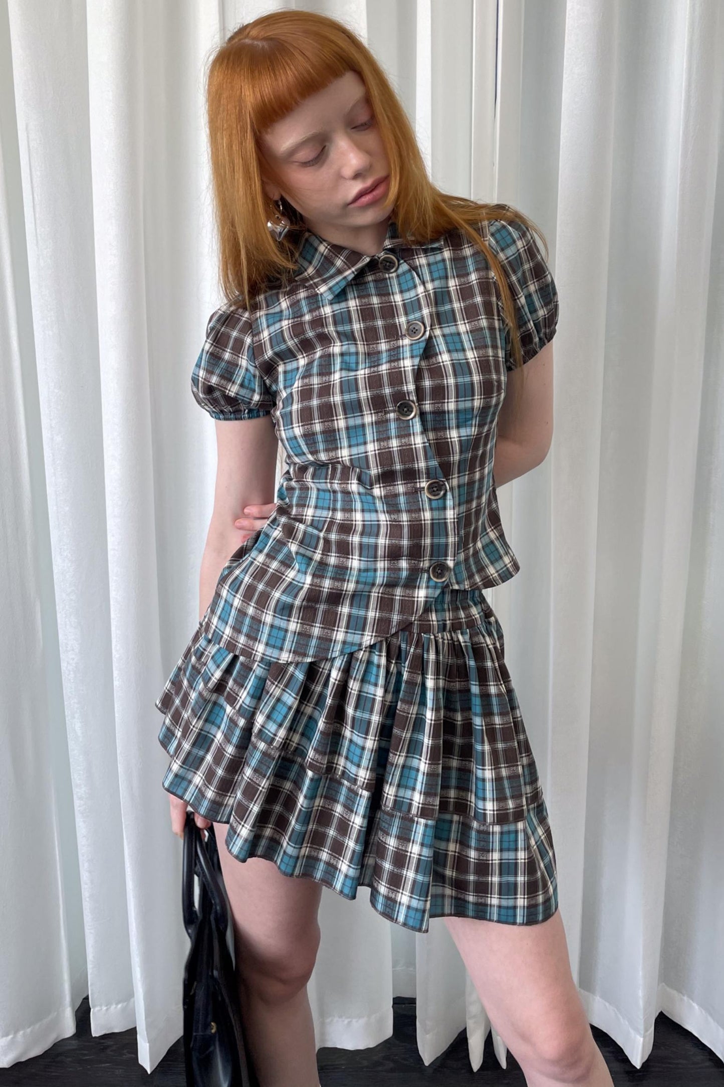 Blue Plaid Two-Piece Top Skirt Set-Up