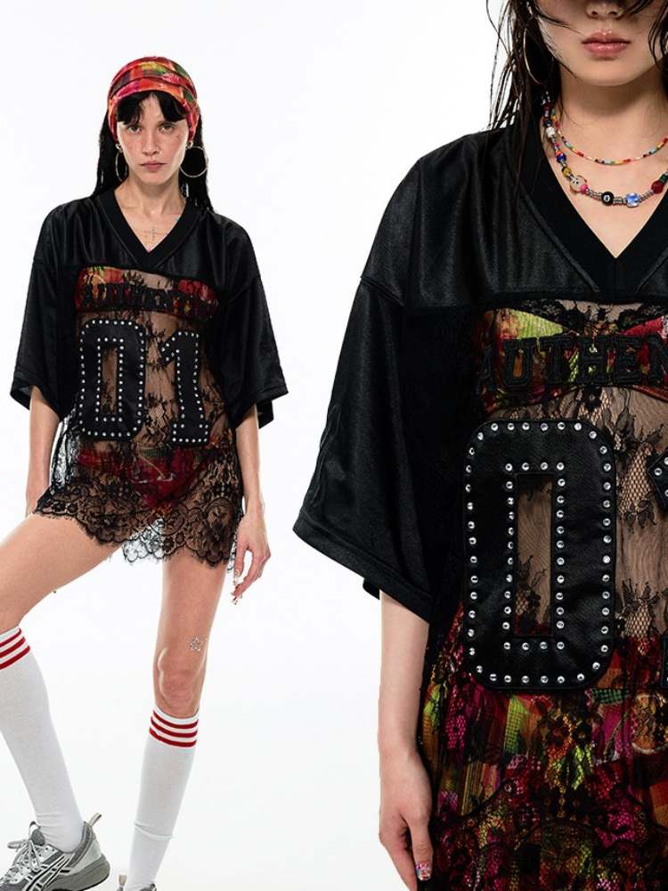 Rhinestone Sheer Lace Uniform T-Shirt