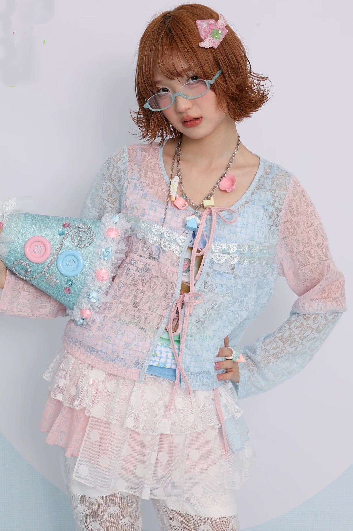 Pink Blue Patchwork Sheer Cardigan Top Set-Up
