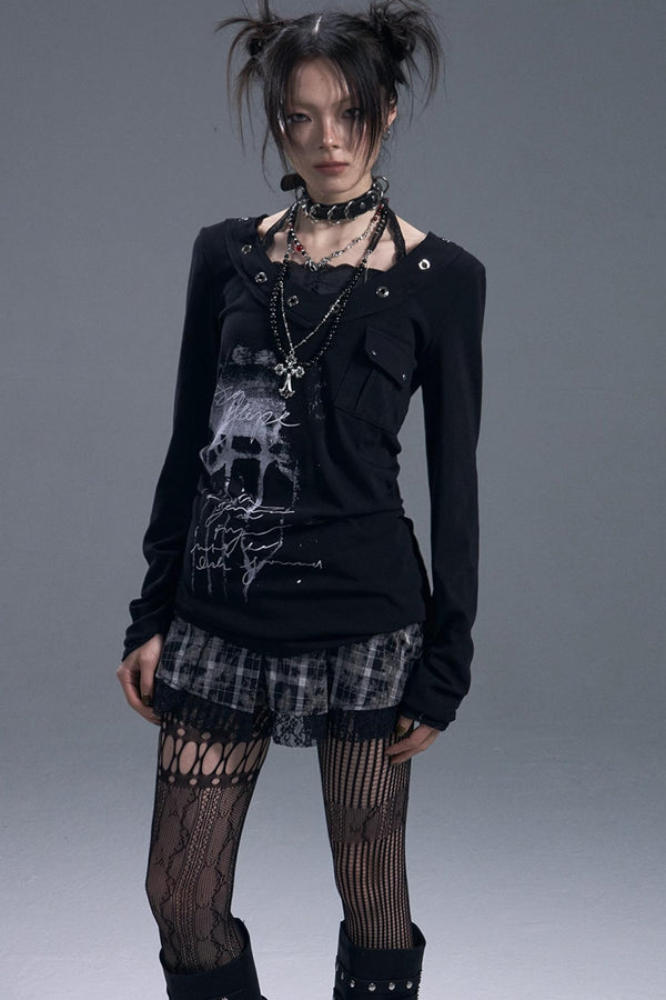 Dark Lace Halterneck Fake Two-Piece Top