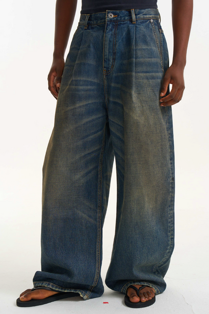 Pleated Washed Denim Pants
