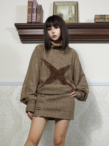 high-necked stitching knit top