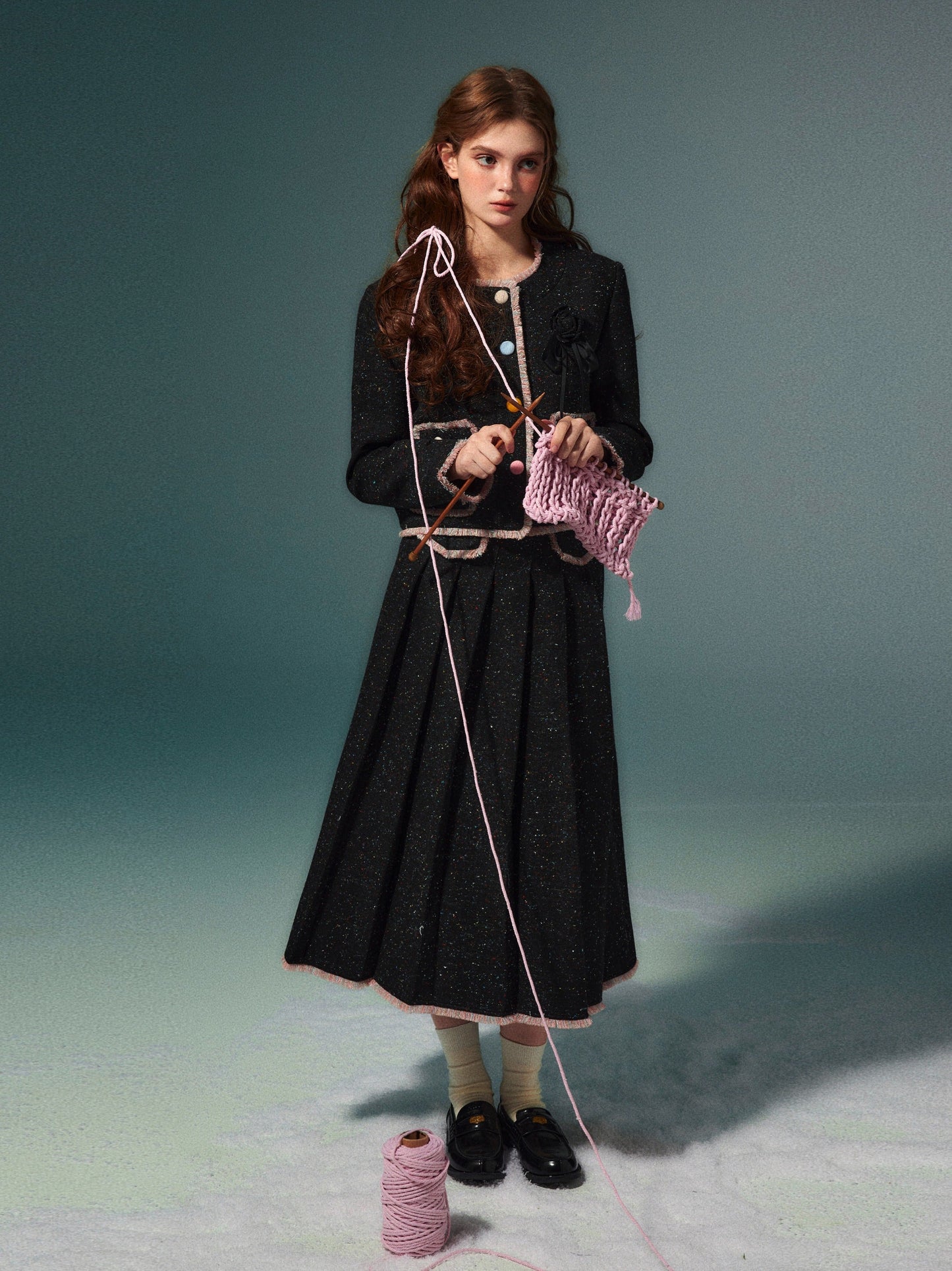 Wool coat pleated long skirt set