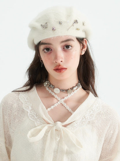 butterfly rose rhinestone beret hat