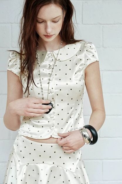 White Polka Dot Satin Top Set-Up