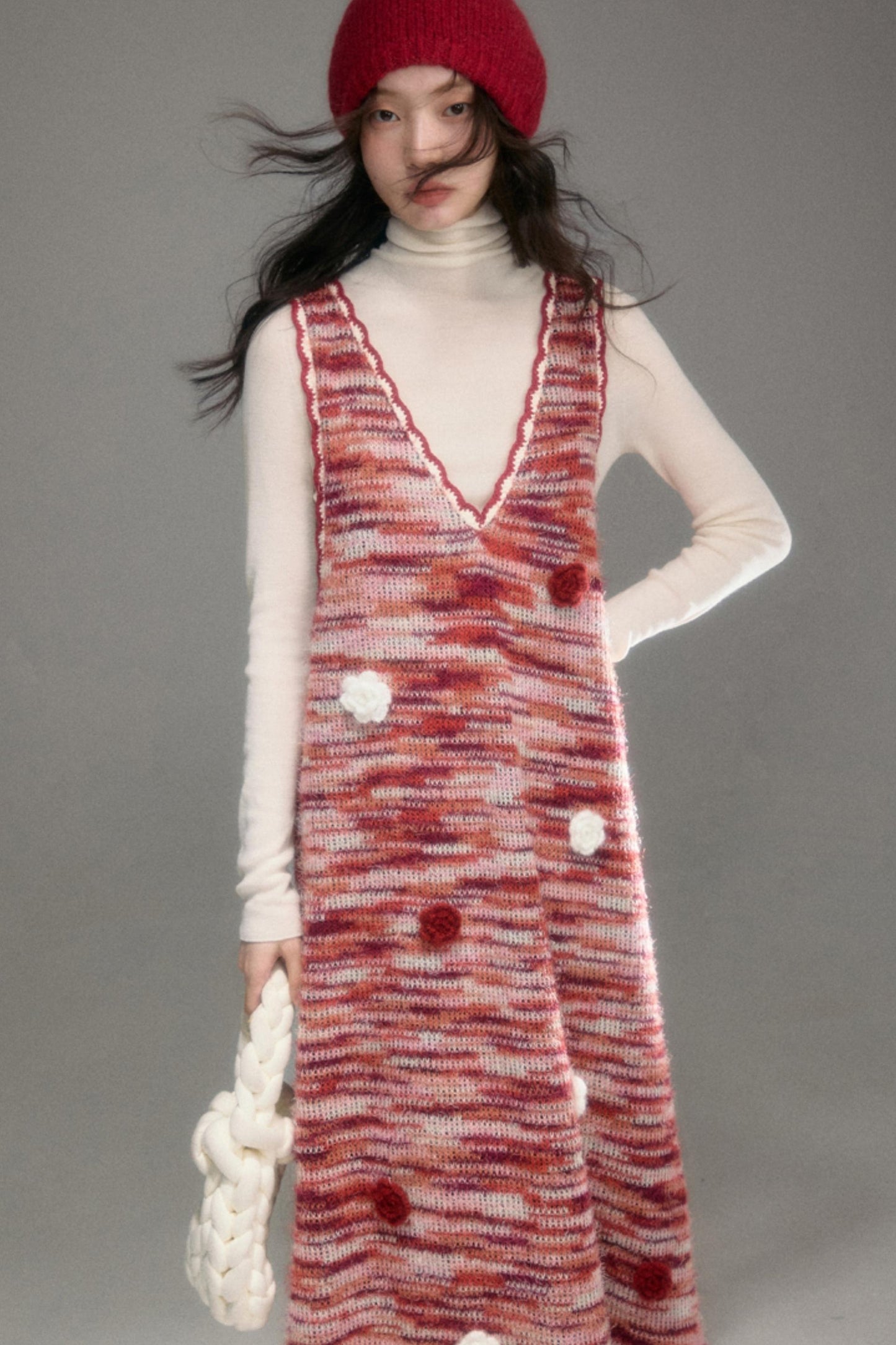 Red Vintage Crochet V-Neck Vest Dress