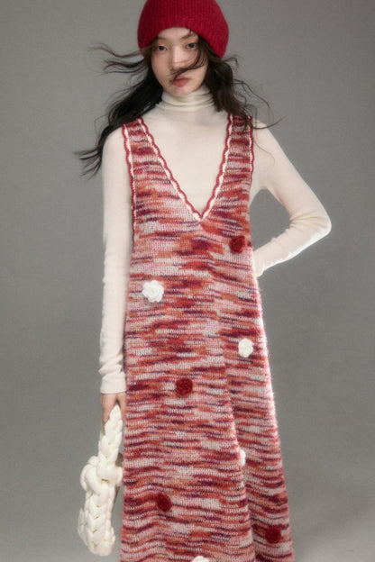 Red Vintage Crochet V-Neck Vest Dress