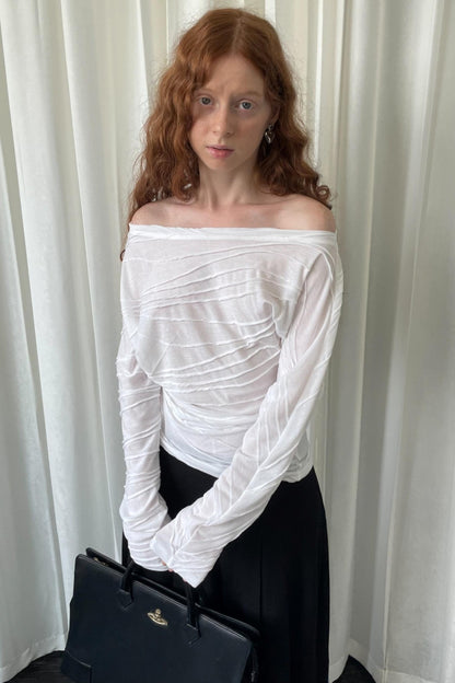 Pleated Slanted Shoulder Slimming Top