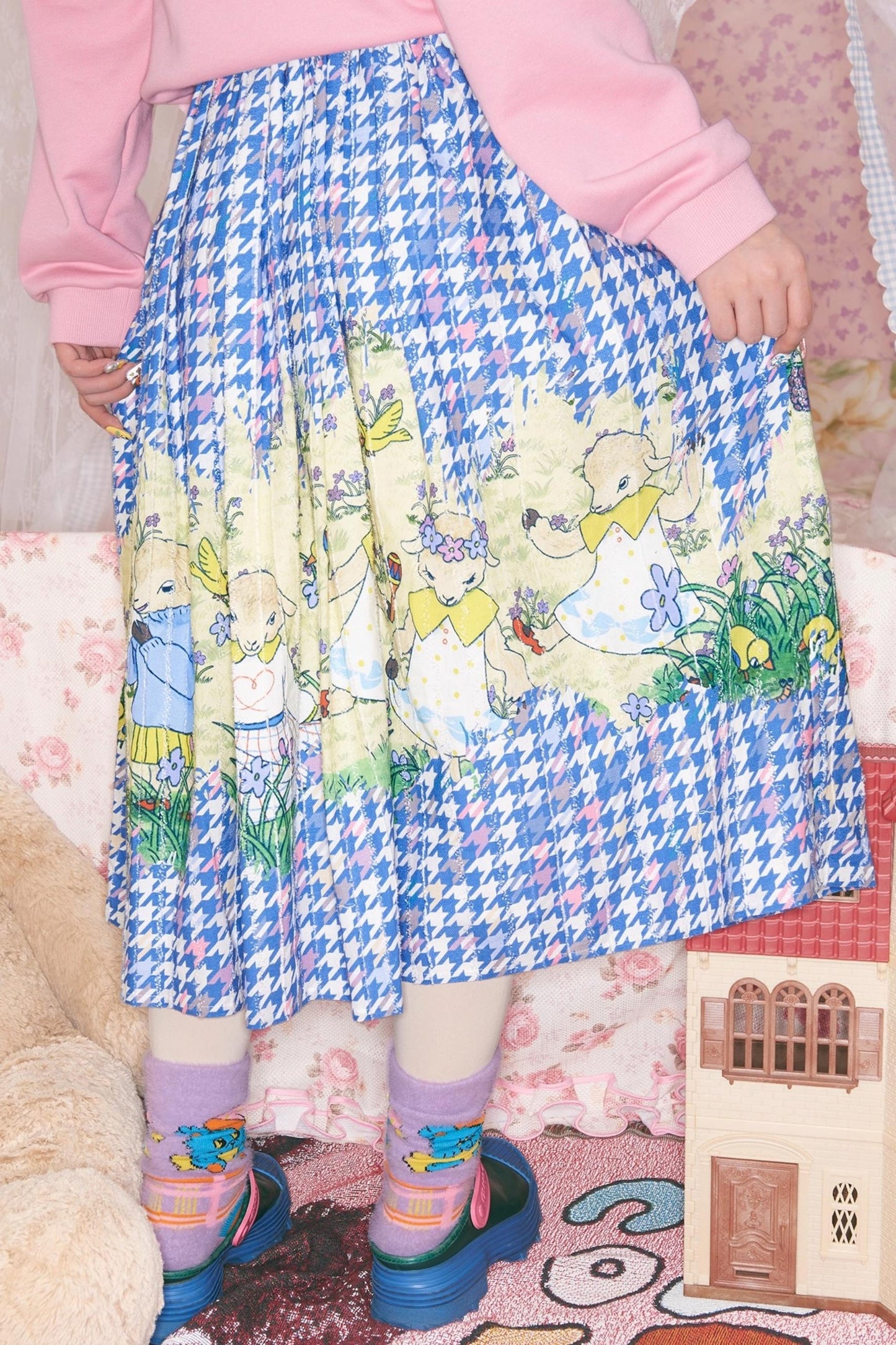 Blue Houndstooth Print Skirt