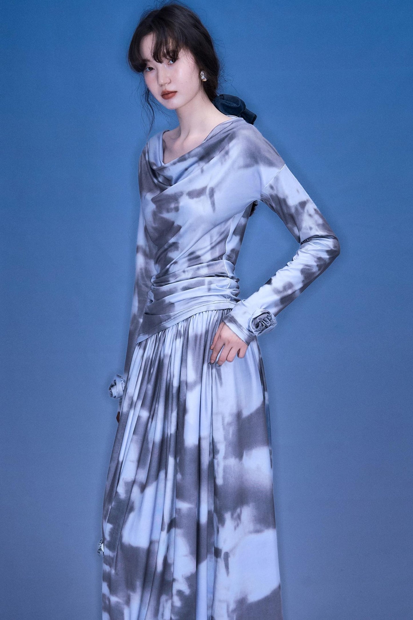 Poetic Swing Collar Print T-Shirt & Skirt Set-Up