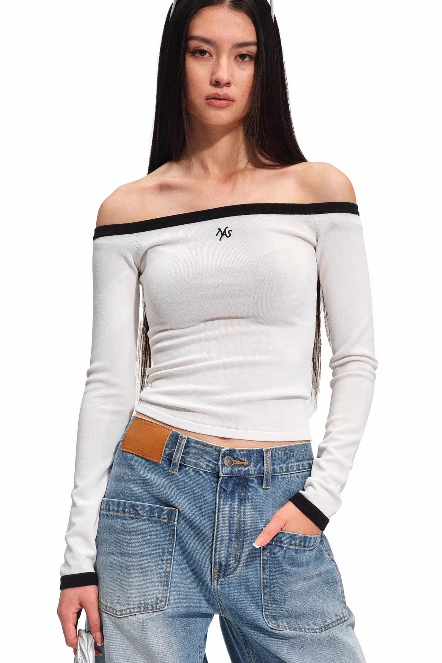 Color-Block Off-Shoulder Knit Top
