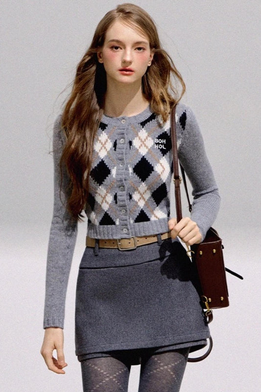 Vintage Diamond Plaid Knitted Cardigan