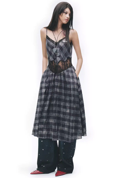 Color-Blocking Karo-Kleid im Distressed-Look