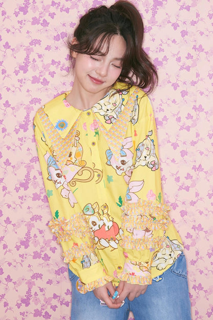 Yellow Ruffled Animal Print Shirt