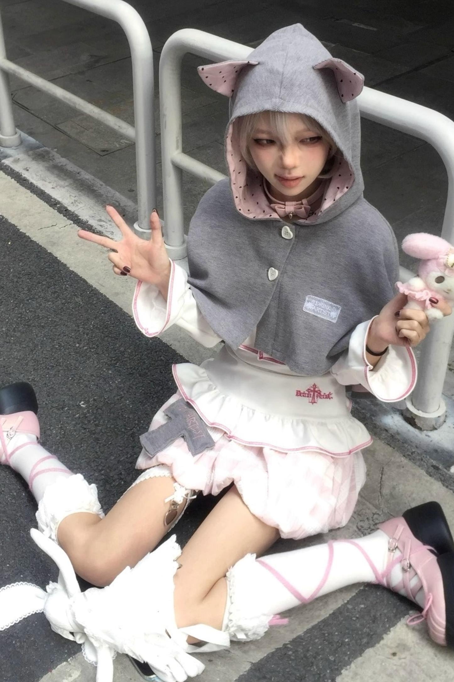 Cute Gray-Pink Cat Ears Hooded Coat