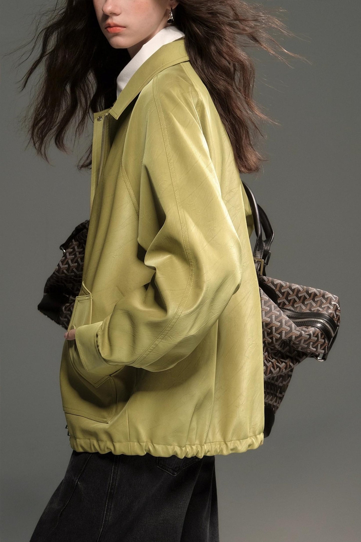 Green Lapel Leather Jacket