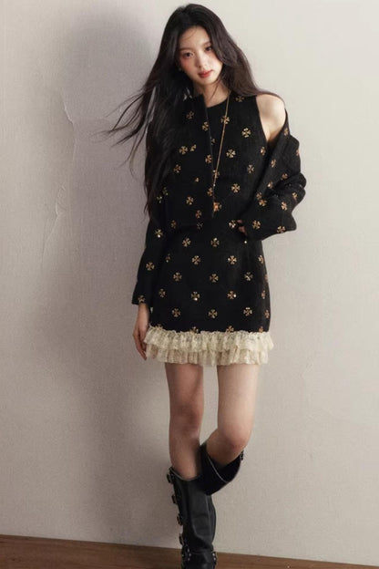 Gold Sequin Tweed Fragrance Winter Short Coat Set-Up