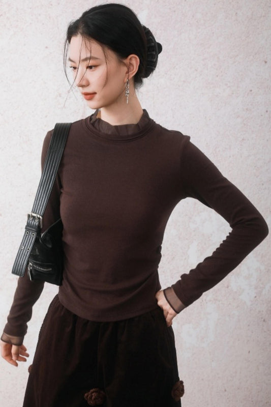 Chestnut Brown Patchwork Turtleneck Top