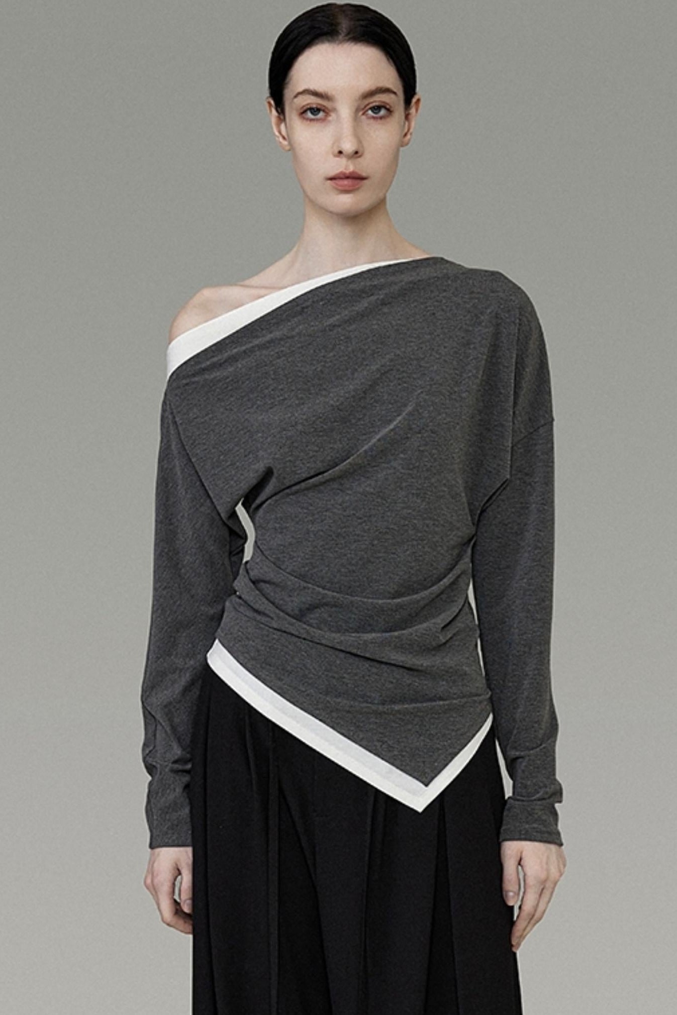 Diagonal Shoulder Two-Layer Knit Top