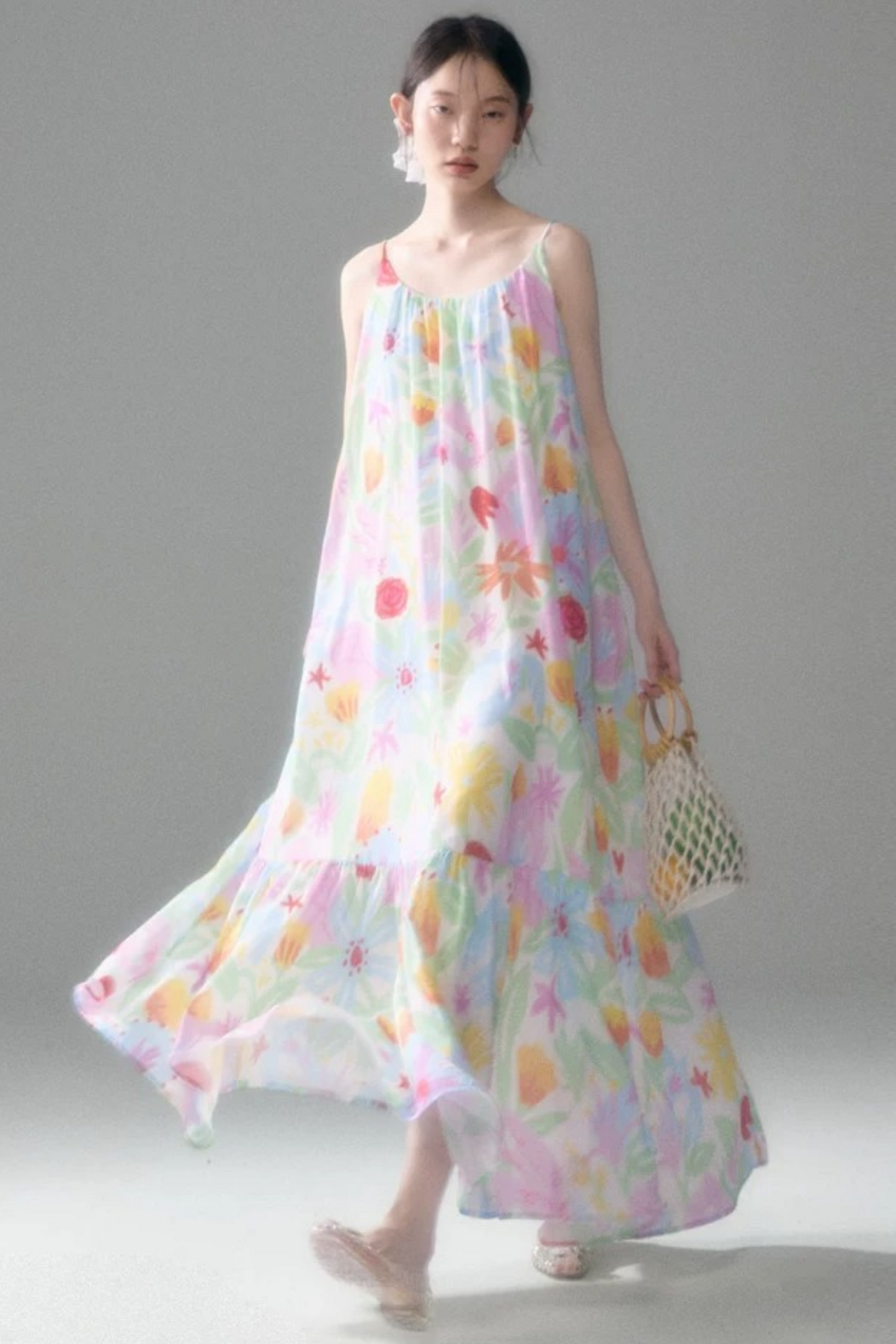 Hand-Painted Watercolor Flower Print Strap Dress
