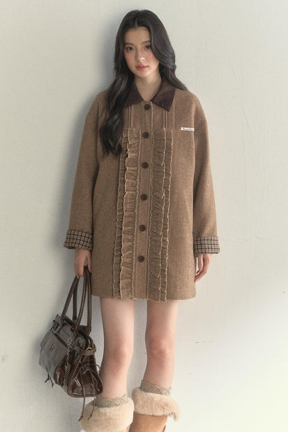 Vintage Khaki Houndstooth Wool Coat