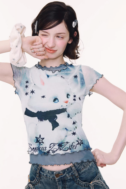 Mesh Plaid Cat Print Top