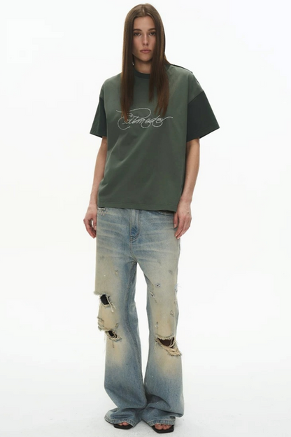 Exitmode Retro Distressed Floral Embroidery T-Shirt