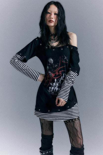 Punk Striped Cinched Waist T-Shirt Dress