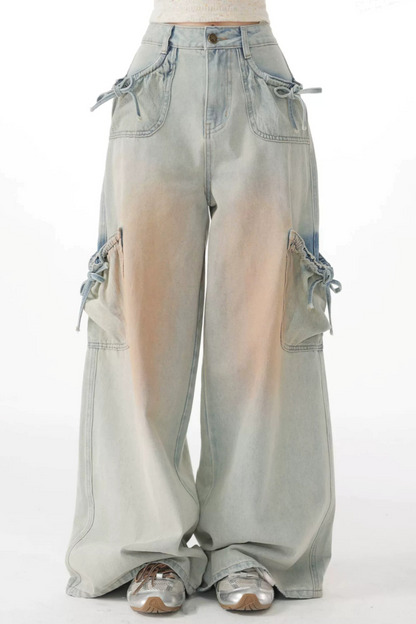 High-Waisted Bow-Knot Wide-Leg Denim Pants