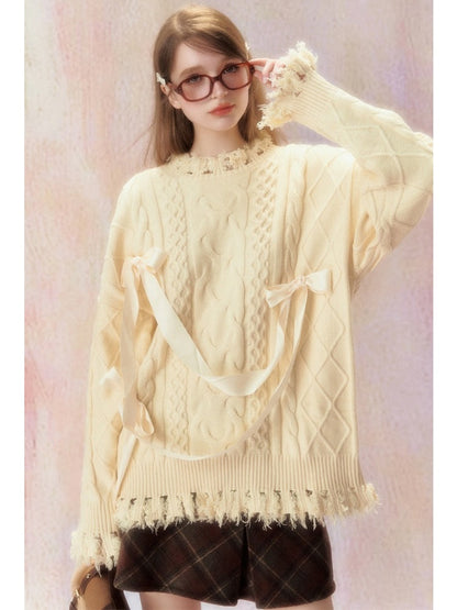 College Style Ribbon Jacquard Sweater