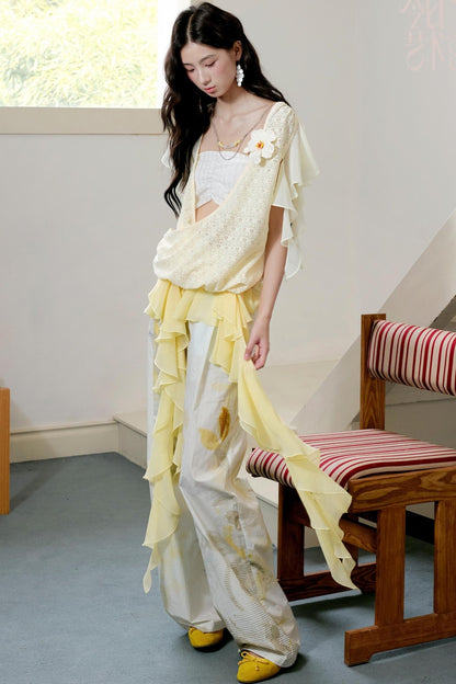 Botanical Ruffle Chiffon Wide-Leg Trousers